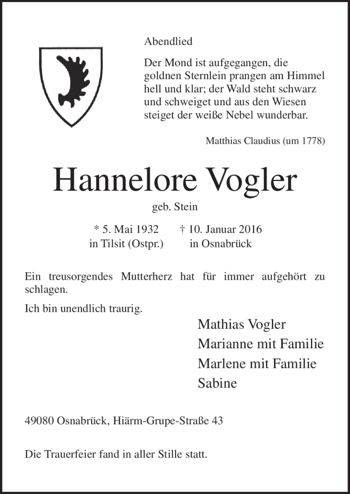  Traueranzeige für Hannelore Vogler vom 16.01.2016 aus Neue Osnabrücker Zeitung GmbH & Co. KG