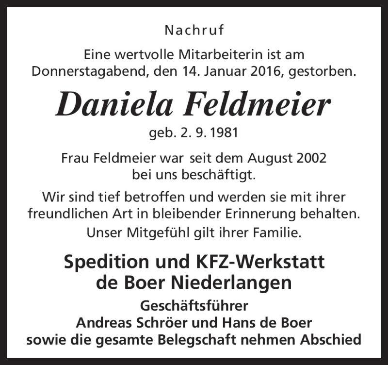  Traueranzeige für Daniela Feldmeier vom 19.01.2016 aus Neue Osnabrücker Zeitung GmbH & Co. KG
