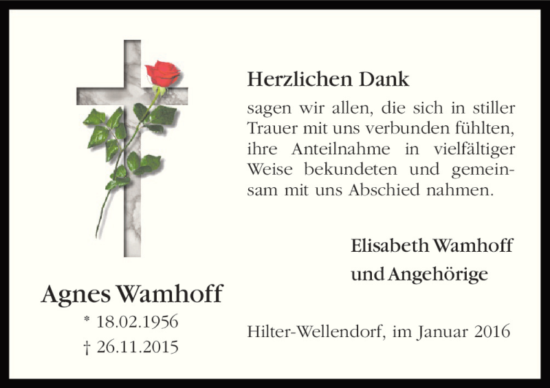 Traueranzeige für Agnes Wamhoff vom 16.01.2016 aus Neue Osnabrücker Zeitung GmbH & Co. KG