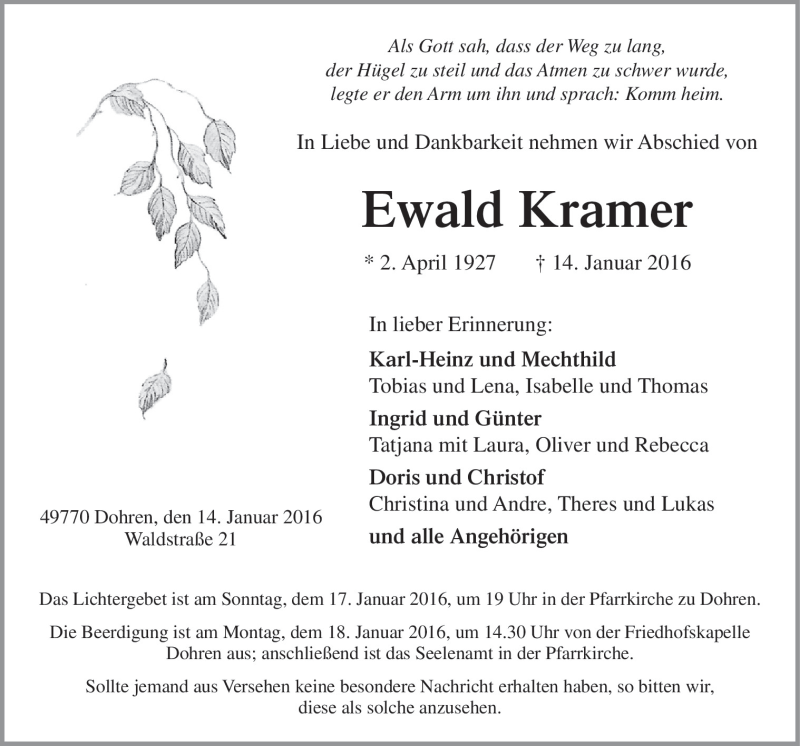  Traueranzeige für Ewald Kramer vom 16.01.2016 aus Neue Osnabrücker Zeitung GmbH & Co. KG