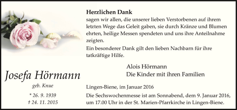  Traueranzeige für Josefa Hörmann vom 06.01.2016 aus Neue Osnabrücker Zeitung GmbH & Co. KG