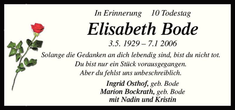  Traueranzeige für Elisabeth Bode vom 07.01.2016 aus Neue Osnabrücker Zeitung GmbH & Co. KG