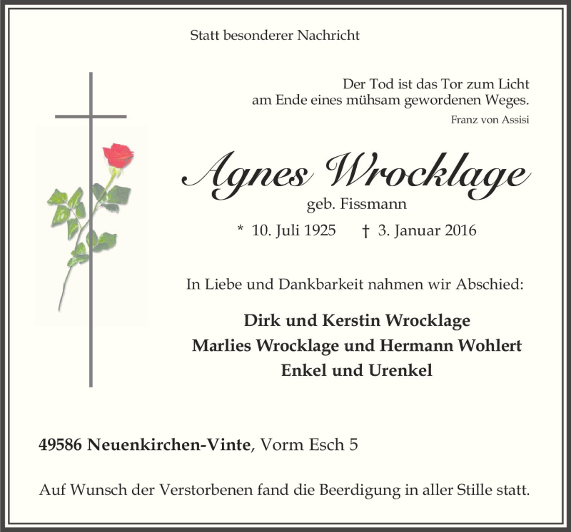  Traueranzeige für Agnes Wrocklage vom 08.01.2016 aus Neue Osnabrücker Zeitung GmbH & Co. KG