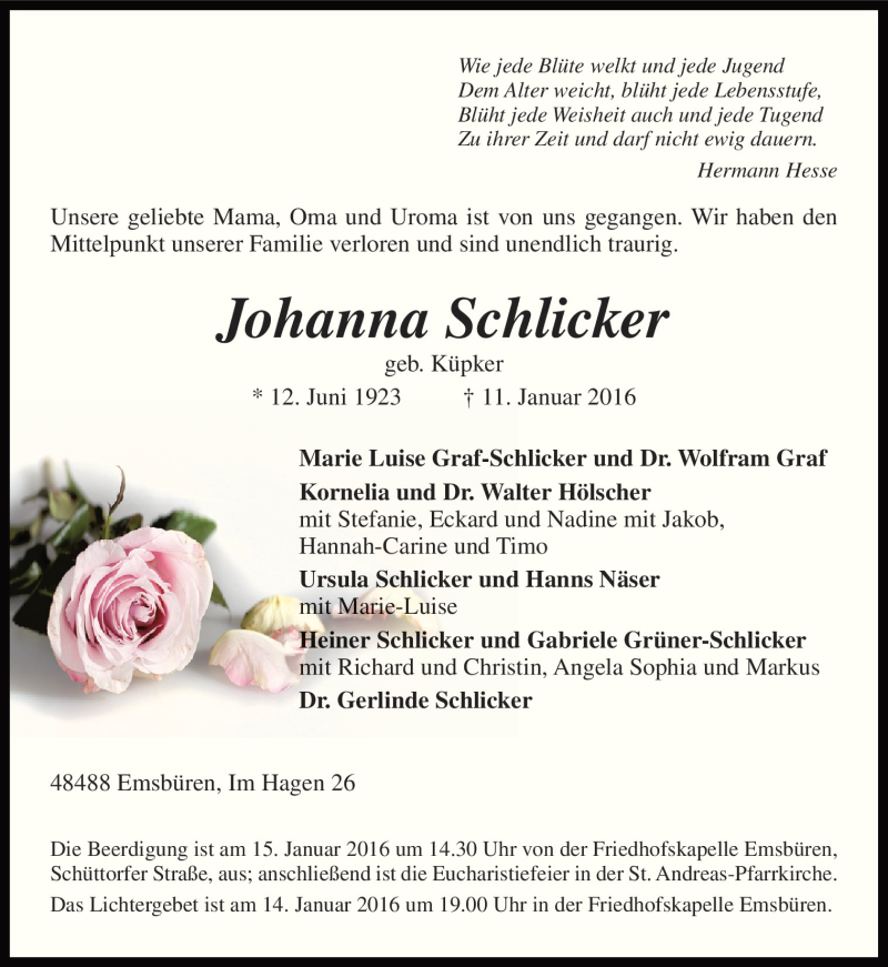  Traueranzeige für Johanna Schlicker vom 13.01.2016 aus Neue Osnabrücker Zeitung GmbH & Co. KG