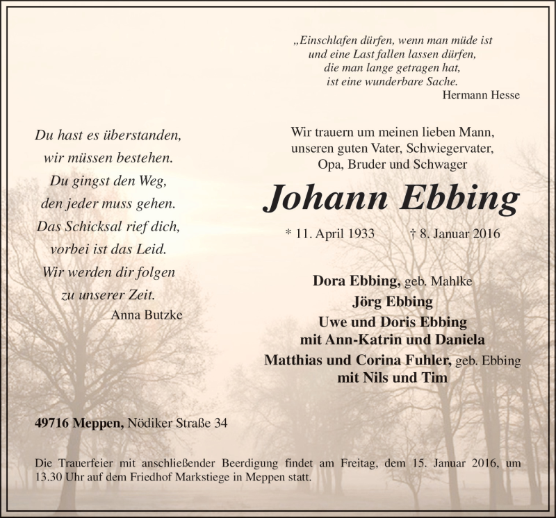 Traueranzeige für Johann Ebbing vom 12.01.2016 aus Neue Osnabrücker Zeitung GmbH & Co. KG