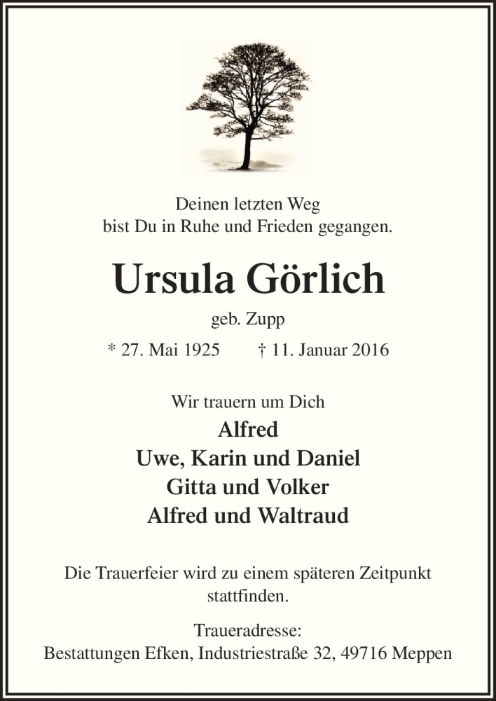 Traueranzeige für Ursula Görlich vom 16.01.2016 aus Neue Osnabrücker Zeitung GmbH & Co. KG