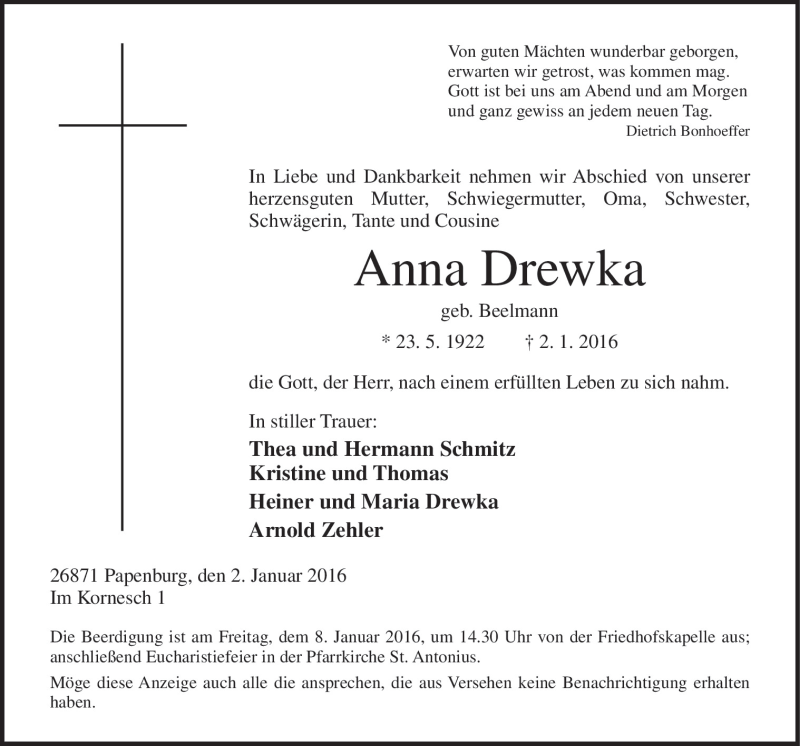  Traueranzeige für Anna Drewka vom 05.01.2016 aus Neue Osnabrücker Zeitung GmbH & Co. KG