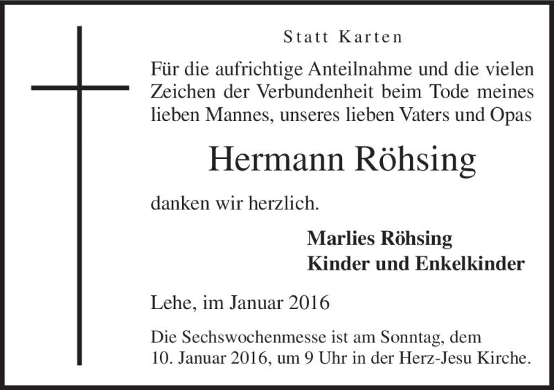  Traueranzeige für Hermann Röhsing vom 06.01.2016 aus Neue Osnabrücker Zeitung GmbH & Co. KG
