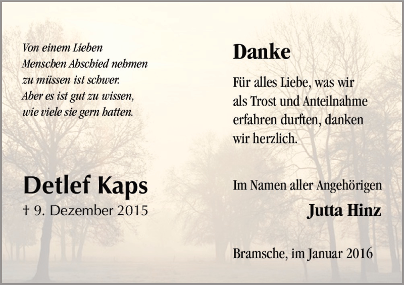  Traueranzeige für Detlef  Kaps vom 16.01.2016 aus Neue Osnabrücker Zeitung GmbH & Co. KG
