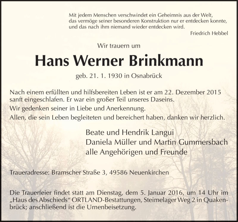  Traueranzeige für Hans Werner Brinkmann vom 02.01.2016 aus Neue Osnabrücker Zeitung GmbH & Co. KG