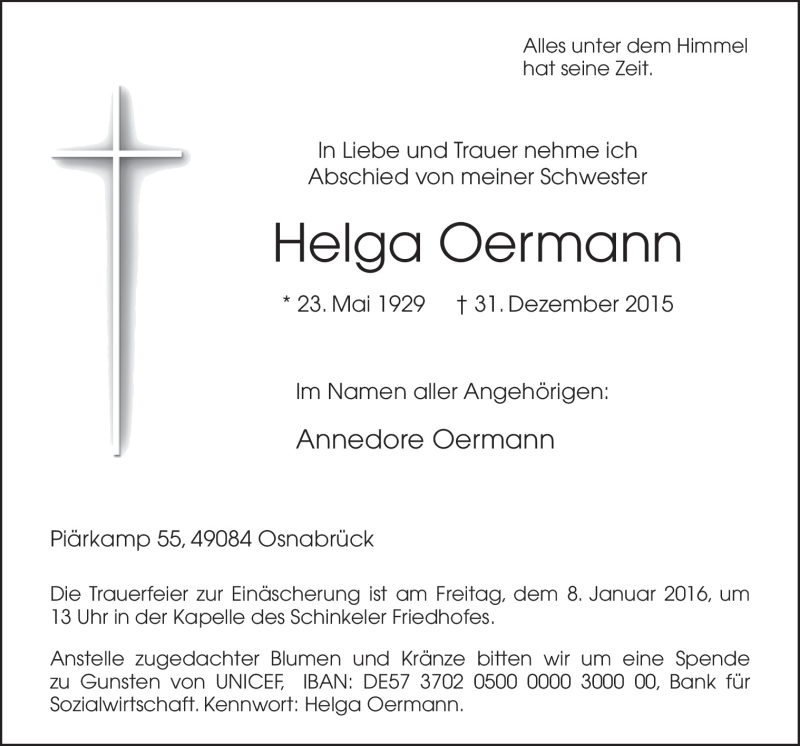  Traueranzeige für Helga Oermann vom 06.01.2016 aus Neue Osnabrücker Zeitung GmbH & Co. KG