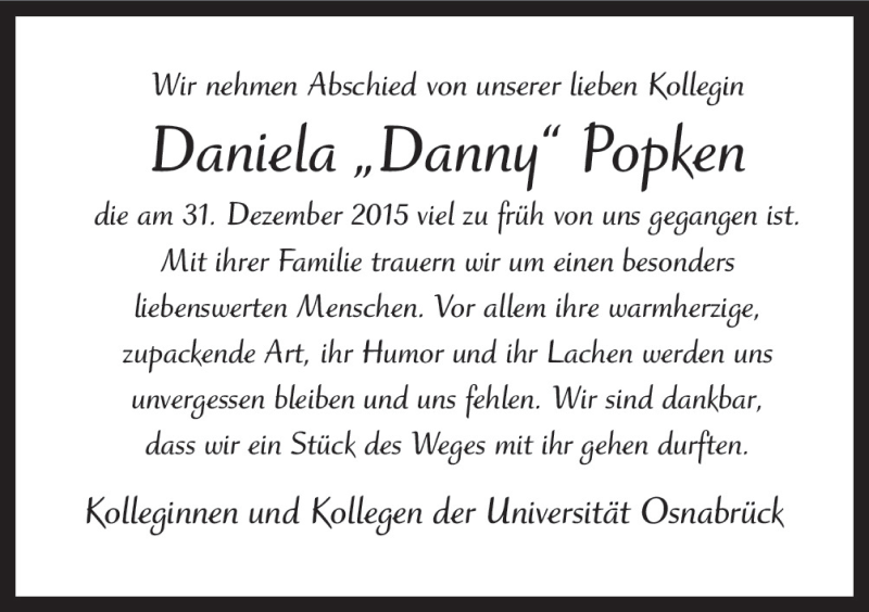  Traueranzeige für Daniela Popken vom 09.01.2016 aus Neue Osnabrücker Zeitung GmbH & Co. KG