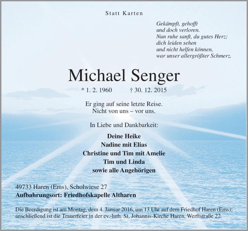  Traueranzeige für Michael Senger vom 04.01.2016 aus Neue Osnabrücker Zeitung GmbH & Co. KG