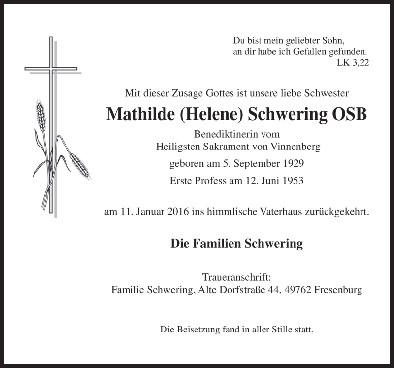  Traueranzeige für Mathilde Schwering vom 16.01.2016 aus Neue Osnabrücker Zeitung GmbH & Co. KG
