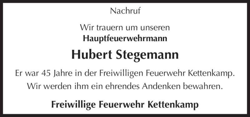  Traueranzeige für Hubert Stegemann vom 02.01.2016 aus Neue Osnabrücker Zeitung GmbH & Co. KG
