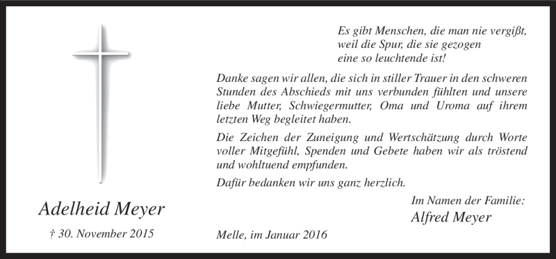  Traueranzeige für Adelheid Meyer vom 16.01.2016 aus Neue Osnabrücker Zeitung GmbH & Co. KG