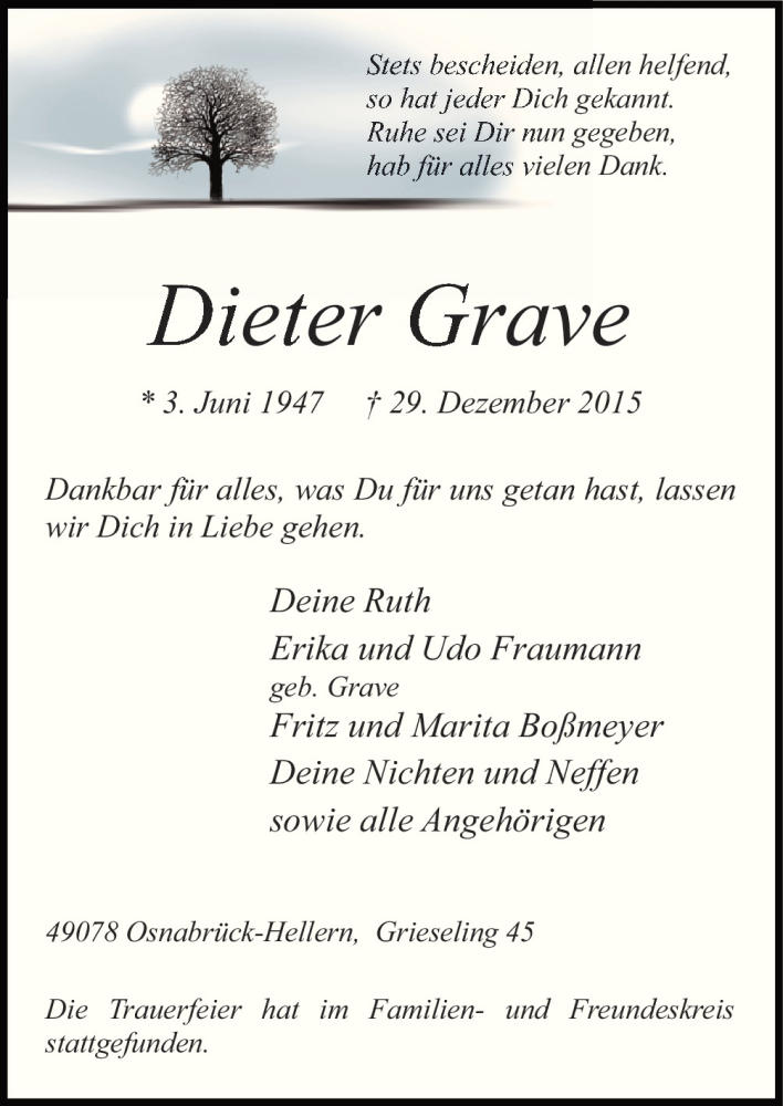  Traueranzeige für Dieter Grave vom 09.01.2016 aus Neue Osnabrücker Zeitung GmbH & Co. KG