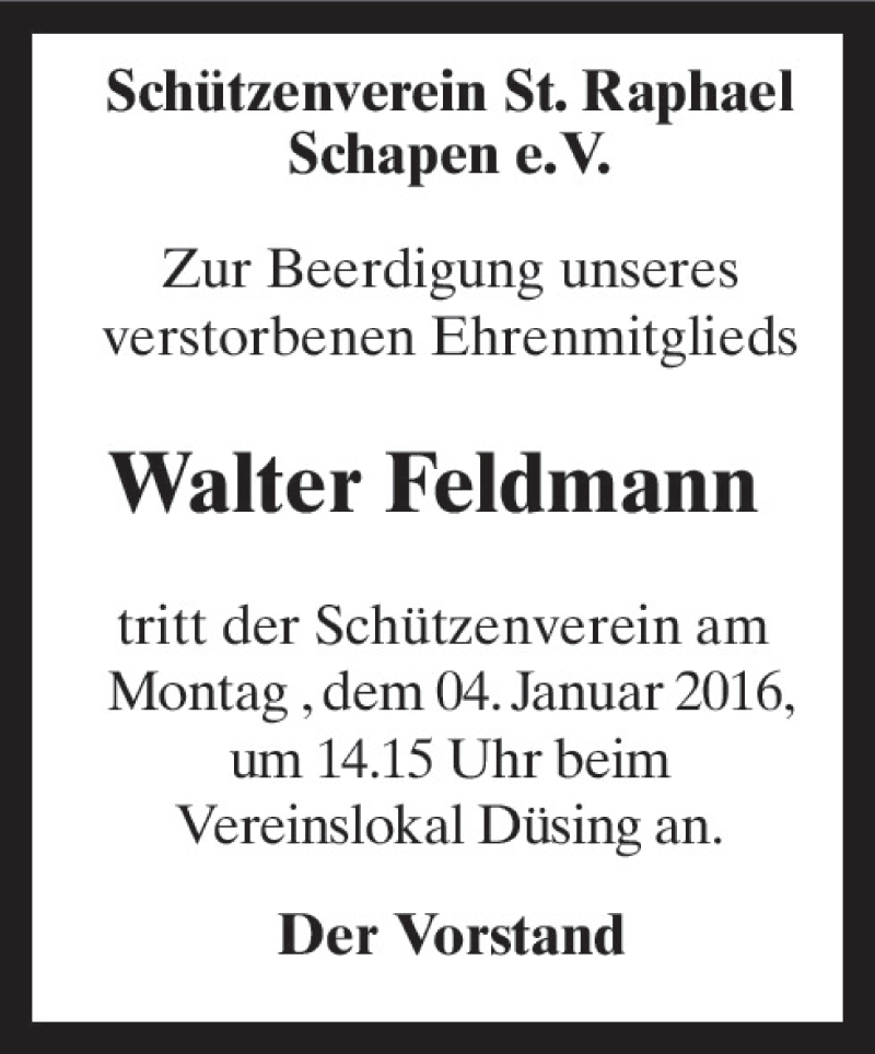  Traueranzeige für Walter Feldmann vom 02.01.2016 aus Neue Osnabrücker Zeitung GmbH & Co. KG