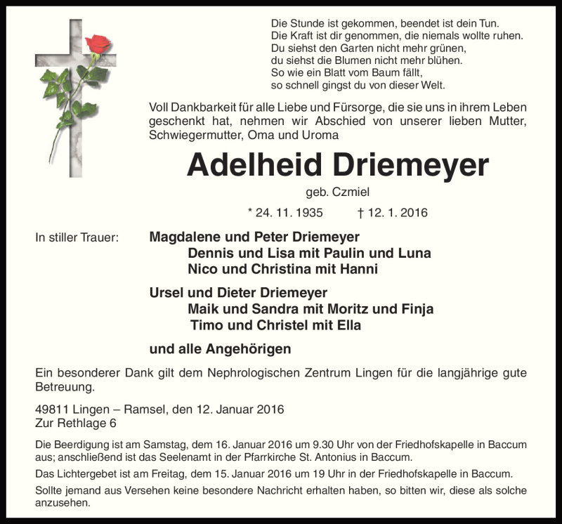  Traueranzeige für Adelheid Driemeyer vom 14.01.2016 aus Neue Osnabrücker Zeitung GmbH & Co. KG