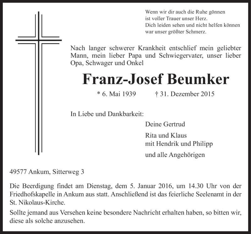  Traueranzeige für Franz-Josef Beumker vom 02.01.2016 aus Neue Osnabrücker Zeitung GmbH & Co. KG