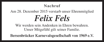 Traueranzeige von Felix Fels von Neue Osnabrücker Zeitung GmbH & Co. KG