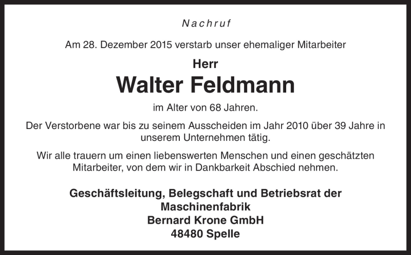  Traueranzeige für Walter Feldmann vom 04.01.2016 aus Neue Osnabrücker Zeitung GmbH & Co. KG