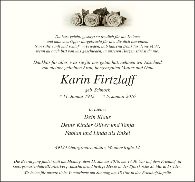  Traueranzeige für Karin Firtzlaff vom 07.01.2016 aus Neue Osnabrücker Zeitung GmbH & Co. KG