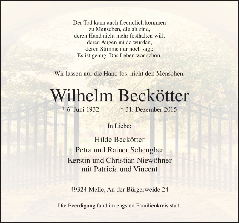  Traueranzeige für Wilhelm Beckötter vom 06.01.2016 aus Neue Osnabrücker Zeitung GmbH & Co. KG