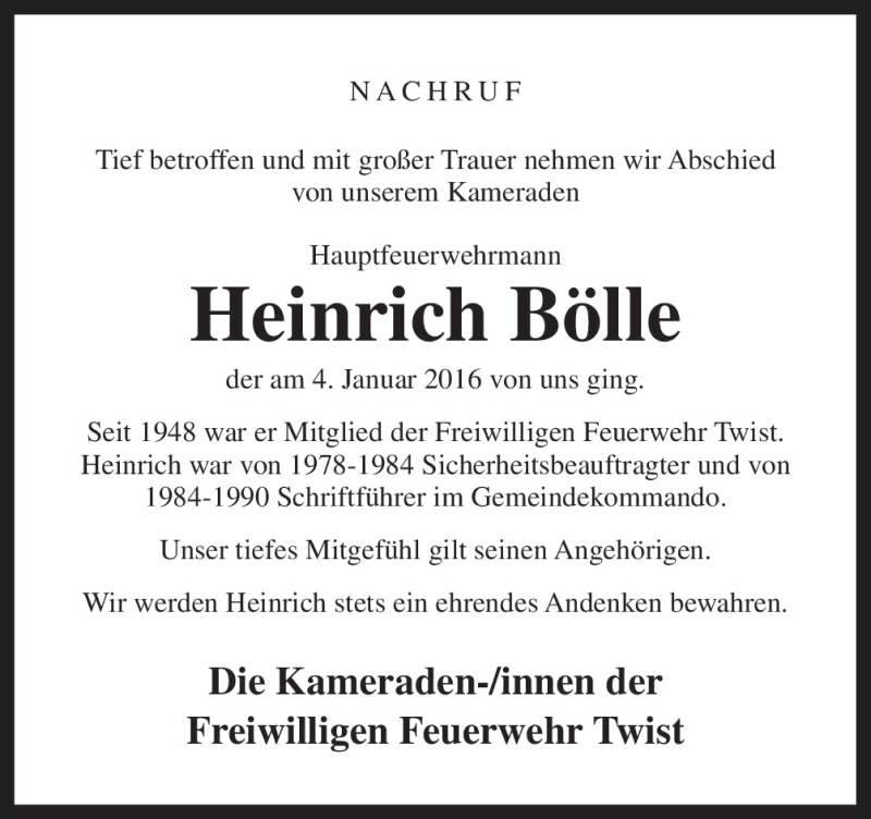  Traueranzeige für Heinrich Bölle vom 08.01.2016 aus Neue Osnabrücker Zeitung GmbH & Co. KG