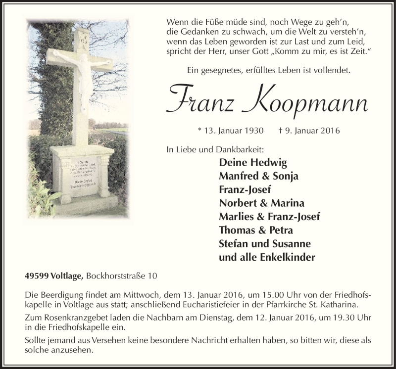  Traueranzeige für Franz Koopmann vom 11.01.2016 aus Neue Osnabrücker Zeitung GmbH & Co. KG
