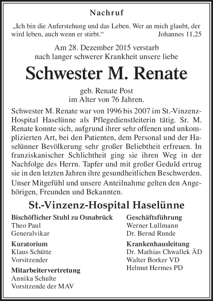  Traueranzeige für M. Renate  vom 04.01.2016 aus Neue Osnabrücker Zeitung GmbH & Co. KG
