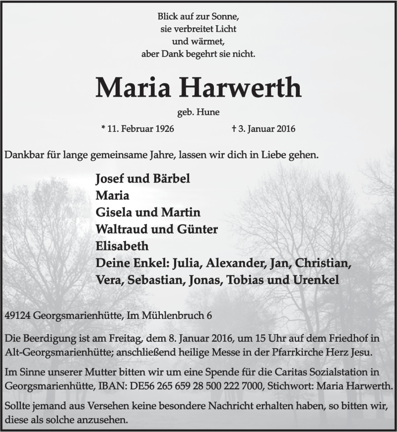  Traueranzeige für Maria Harwerth vom 06.01.2016 aus Neue Osnabrücker Zeitung GmbH & Co. KG