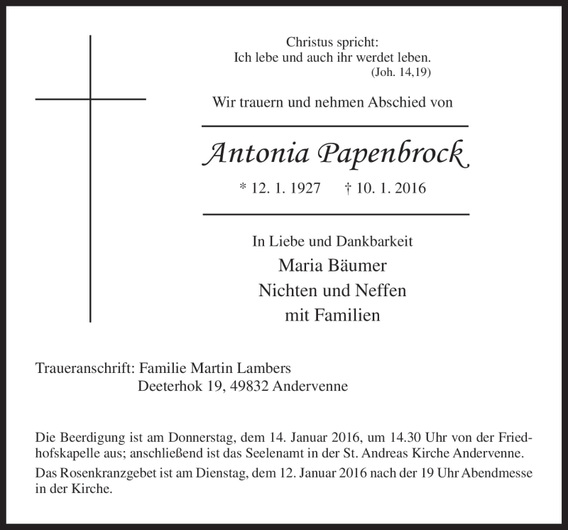  Traueranzeige für Antonia Papenbrock vom 12.01.2016 aus Neue Osnabrücker Zeitung GmbH & Co. KG