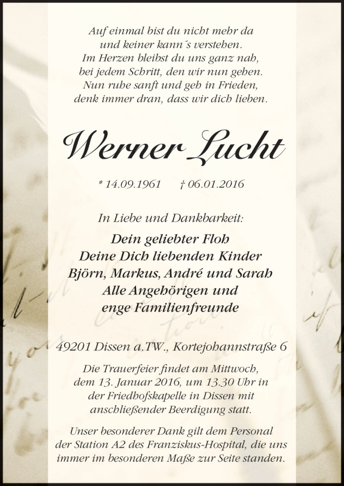  Traueranzeige für Werner Lucht vom 11.01.2016 aus Neue Osnabrücker Zeitung GmbH & Co. KG