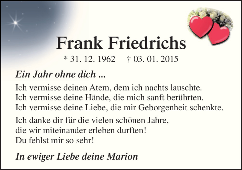  Traueranzeige für Frank Friedrichs vom 02.01.2016 aus Neue Osnabrücker Zeitung GmbH & Co. KG