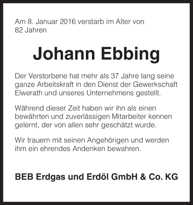  Traueranzeige für Johann Ebbing vom 14.01.2016 aus Neue Osnabrücker Zeitung GmbH & Co. KG