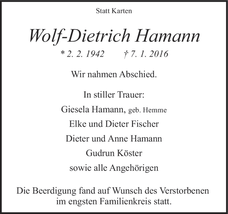  Traueranzeige für Wolf-Dietrich Hamann vom 16.01.2016 aus Neue Osnabrücker Zeitung GmbH & Co. KG
