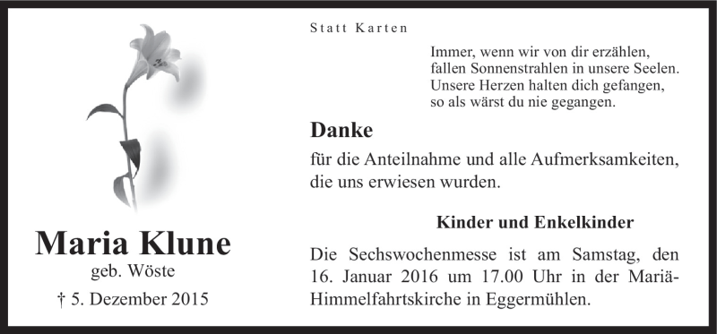  Traueranzeige für Maria Klune vom 13.01.2016 aus Neue Osnabrücker Zeitung GmbH & Co. KG