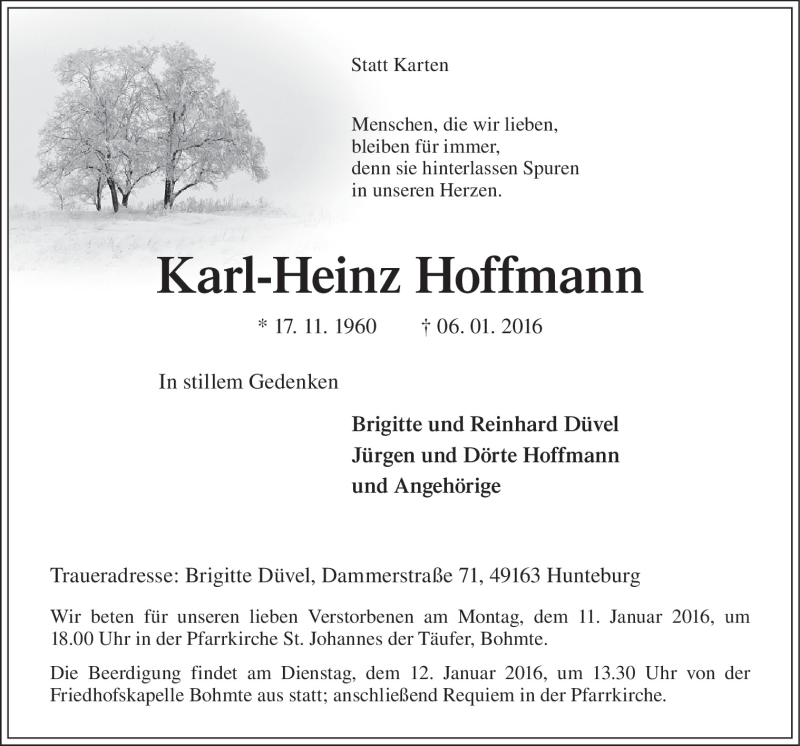  Traueranzeige für Karl-Heinz Hoffmann vom 09.01.2016 aus Neue Osnabrücker Zeitung GmbH & Co. KG