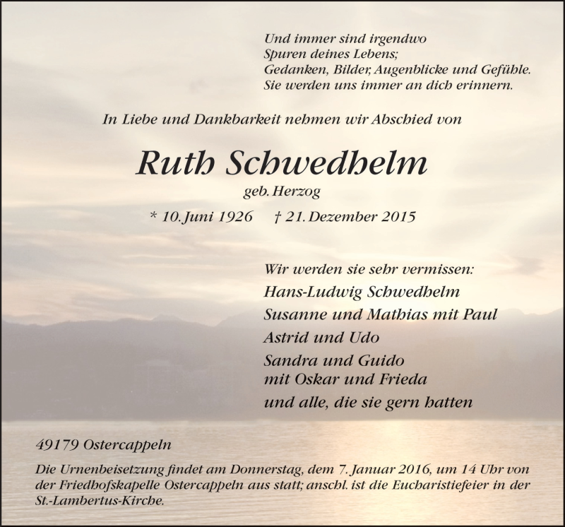  Traueranzeige für Ruth Schwedhelm vom 04.01.2016 aus Neue Osnabrücker Zeitung GmbH & Co. KG