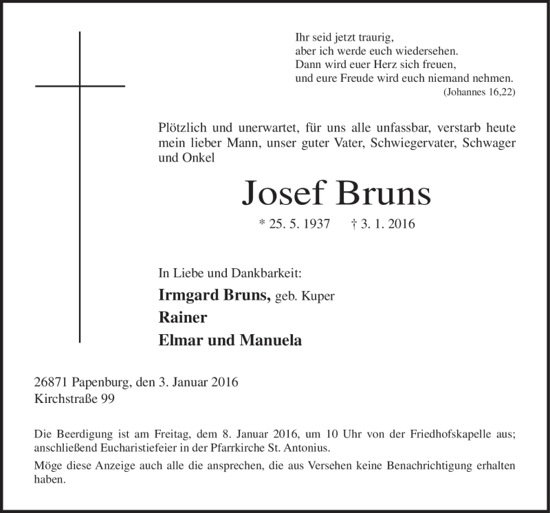  Traueranzeige für Josef Bruns vom 05.01.2016 aus Neue Osnabrücker Zeitung GmbH & Co. KG