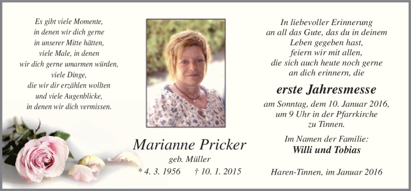  Traueranzeige für Marianne Pricker vom 07.01.2016 aus Neue Osnabrücker Zeitung GmbH & Co. KG