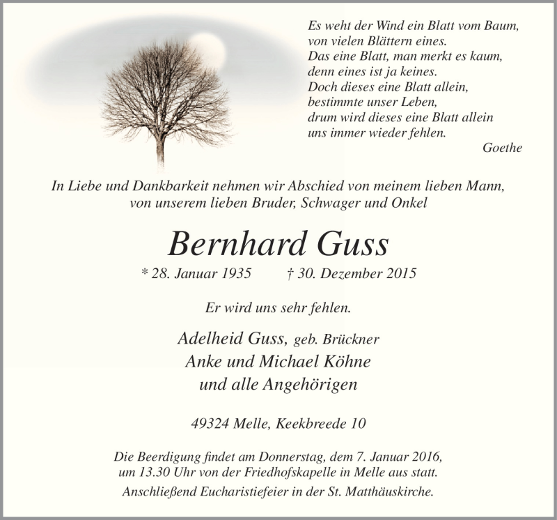  Traueranzeige für Bernhard Guss vom 04.01.2016 aus Neue Osnabrücker Zeitung GmbH & Co. KG