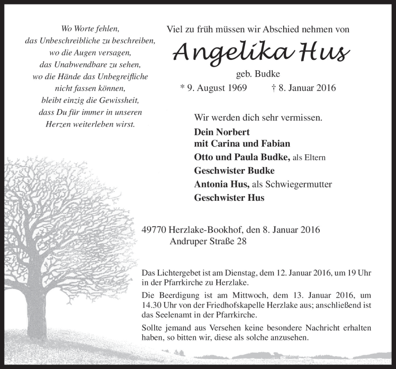  Traueranzeige für Angelika Hus vom 11.01.2016 aus Neue Osnabrücker Zeitung GmbH & Co. KG