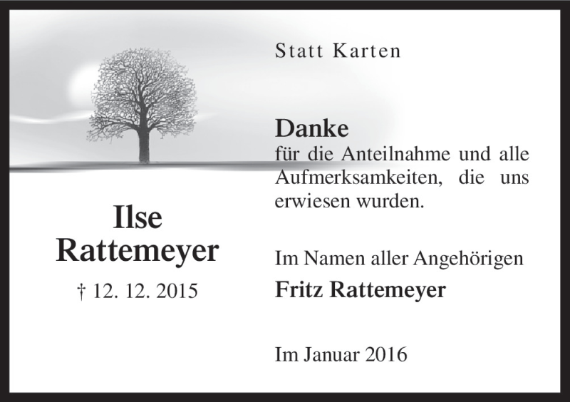  Traueranzeige für Ilse Rattemeyer vom 18.01.2016 aus Neue Osnabrücker Zeitung GmbH & Co. KG
