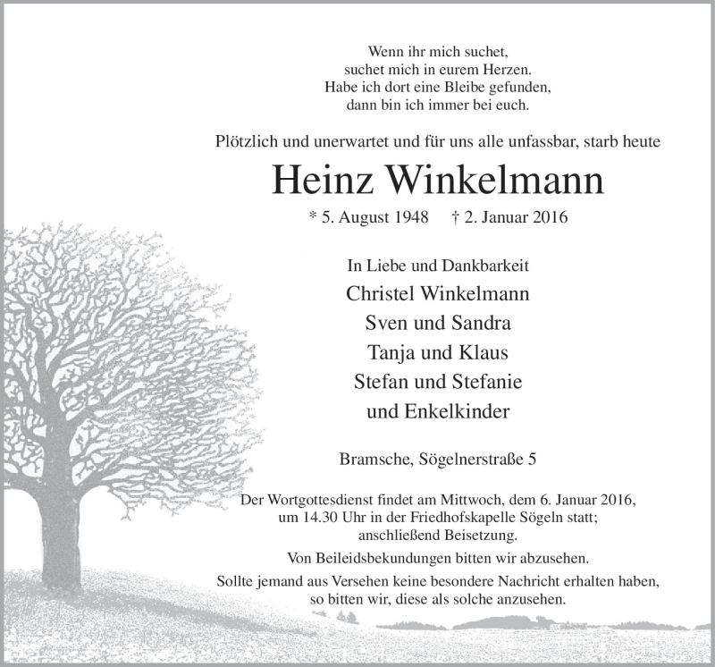  Traueranzeige für Heinz Winkelmann vom 04.01.2016 aus Neue Osnabrücker Zeitung GmbH & Co. KG