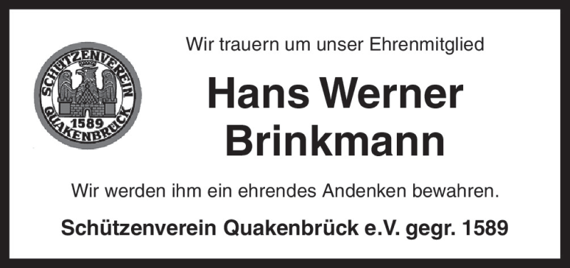  Traueranzeige für Hans Werner Brinkamnn vom 06.01.2016 aus Neue Osnabrücker Zeitung GmbH & Co. KG