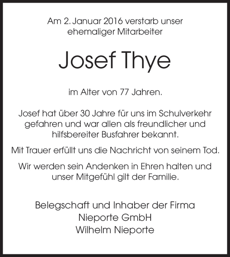  Traueranzeige für Josef Thye vom 08.01.2016 aus Neue Osnabrücker Zeitung GmbH & Co. KG