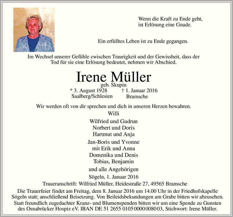 Traueranzeige für Irene Müller vom 04.01.2016 aus Neue Osnabrücker Zeitung GmbH & Co. KG