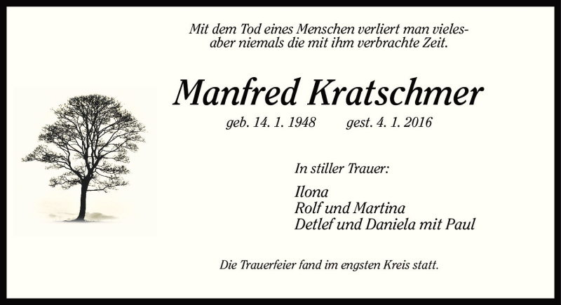  Traueranzeige für Manfred Kratschmer vom 12.01.2016 aus Neue Osnabrücker Zeitung GmbH & Co. KG